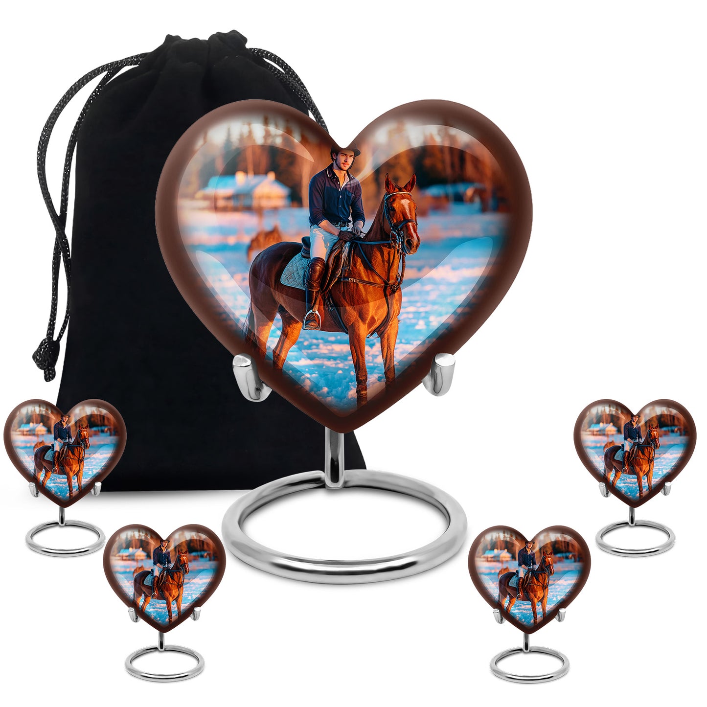 Gleaming Silver Horse Polo Cremation Urn close-up of engraving and surface detail - heart-shaped horse polo design symbolizing eternal love - memorial set with one large and four small urns