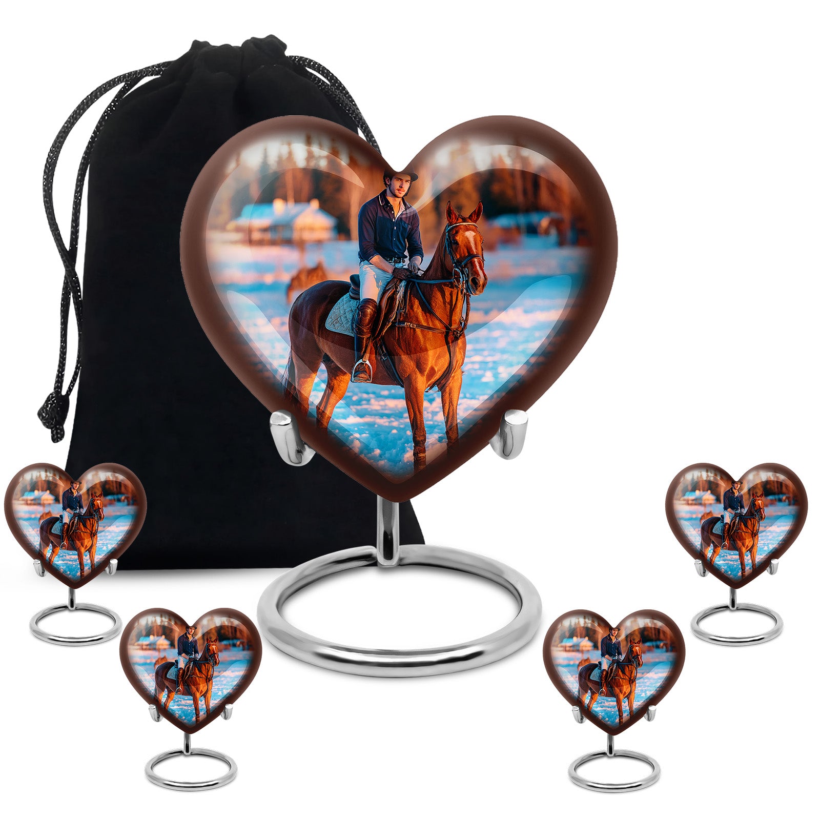 Gleaming Silver Horse Polo Cremation Urn close-up of engraving and surface detail - heart-shaped horse polo design symbolizing eternal love - memorial set with one large and four small urns
