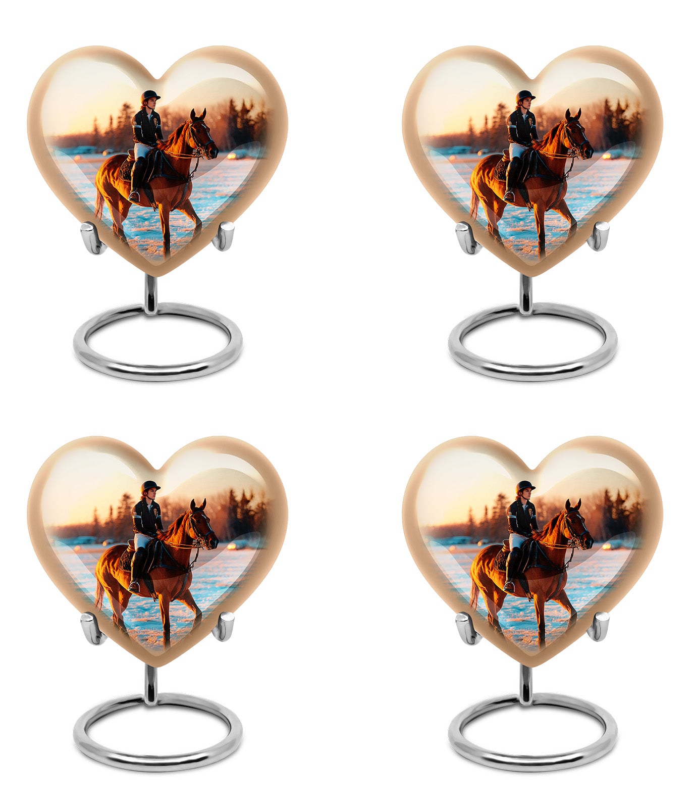 Sterling Silver Horse Polo Cremation Urn angled view of lid and engraved motif - heart-shaped horse polo design symbolizing eternal love - 10 inch aluminum urn for cremated remains