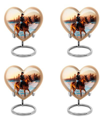Sterling Silver Horse Polo Cremation Urn angled view of lid and engraved motif - heart-shaped horse polo design symbolizing eternal love - 10 inch aluminum urn for cremated remains
