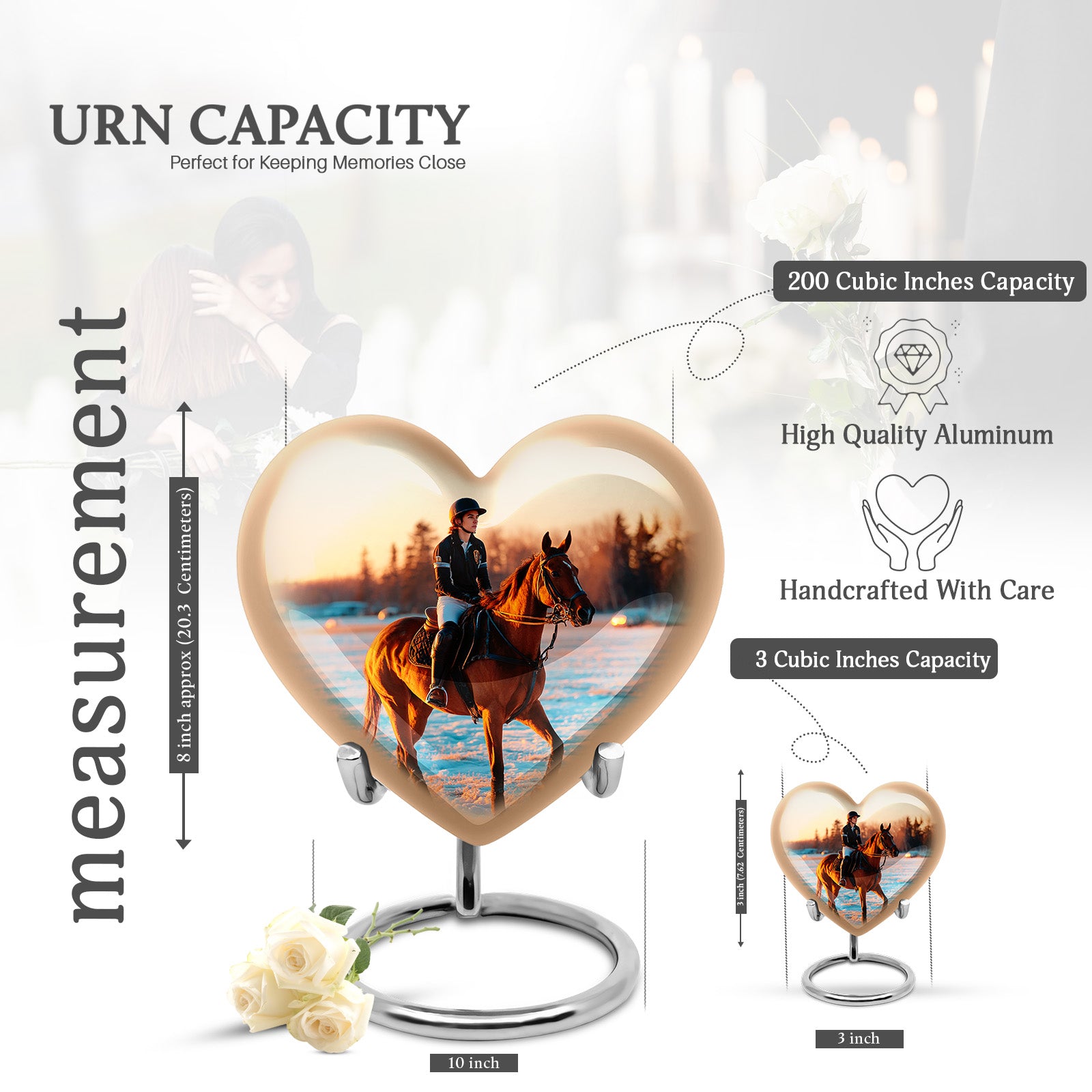 Chrome Silver Horse Polo Cremation Urn front view showing detailed design - romantic heart urn with horse polo motif on aluminum - mini keepsake memorial for portion of cremation ashes