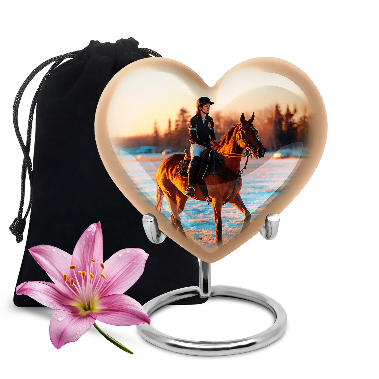 Gleaming Silver Horse Polo Cremation Urn detail view - heart-shaped horse polo design symbolizing eternal love - full-size 10 inch 200 cubic inch adult cremation urn