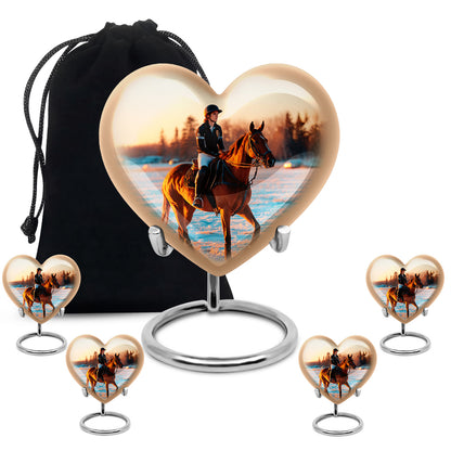 Satin Silver Horse Polo Cremation Urn close-up of engraving and surface detail - loving heart memorial featuring horse polo pattern - memorial set with one large and four small urns