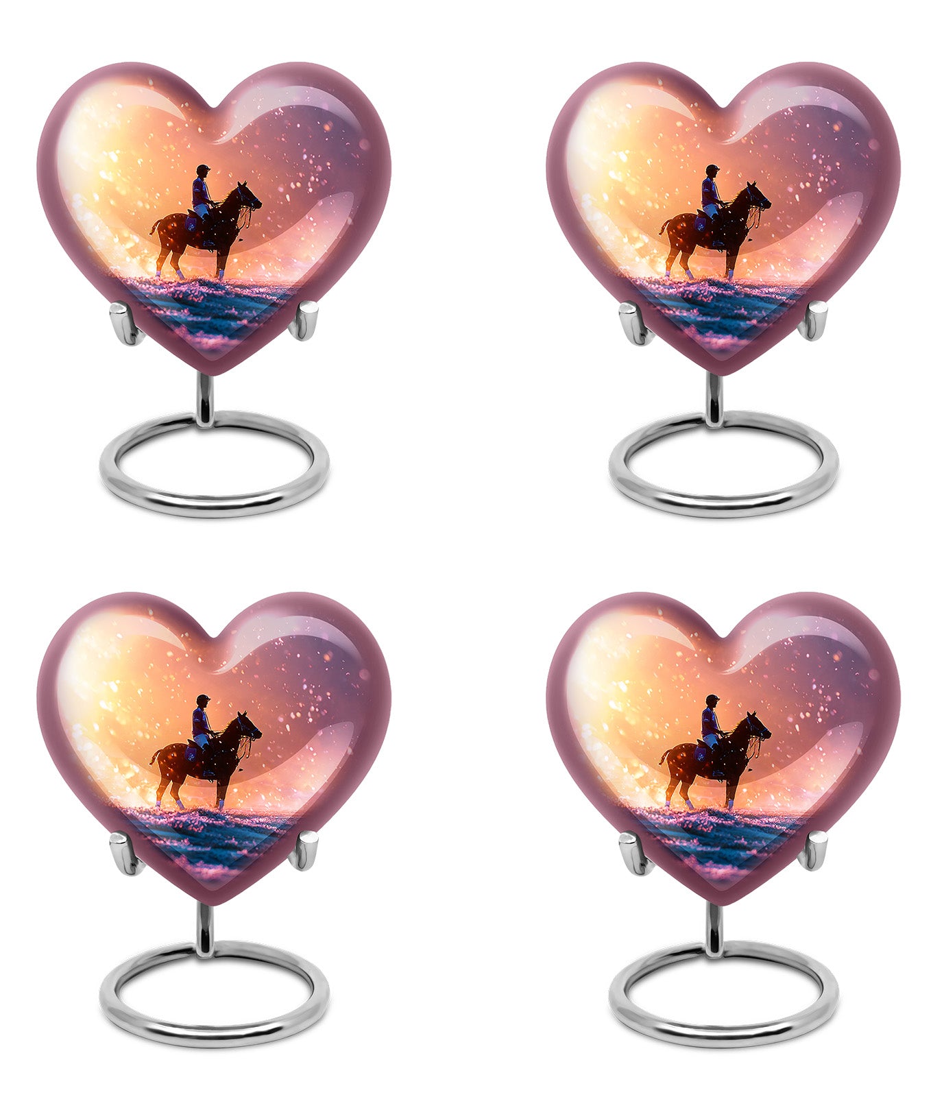 Wine Red Horse Polo Cremation Urn angled view of lid and engraved motif - heart-shaped horse polo design symbolizing eternal love - 10 inch aluminum urn for cremated remains