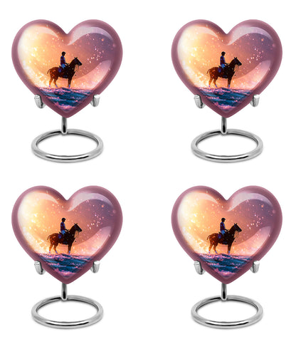 Wine Red Horse Polo Cremation Urn angled view of lid and engraved motif - heart-shaped horse polo design symbolizing eternal love - 10 inch aluminum urn for cremated remains