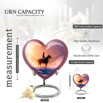 Cherry Red Horse Polo Cremation Urn front view showing detailed design - romantic heart urn with horse polo motif on aluminum - mini keepsake memorial for portion of cremation ashes
