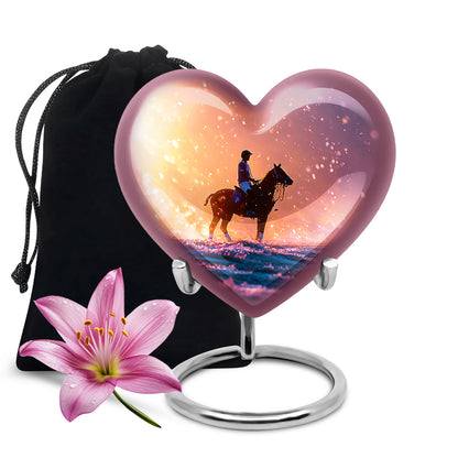 Deep Red Horse Polo Cremation Urn detail view - heart-shaped horse polo design symbolizing eternal love - full-size 10 inch 200 cubic inch adult cremation urn
