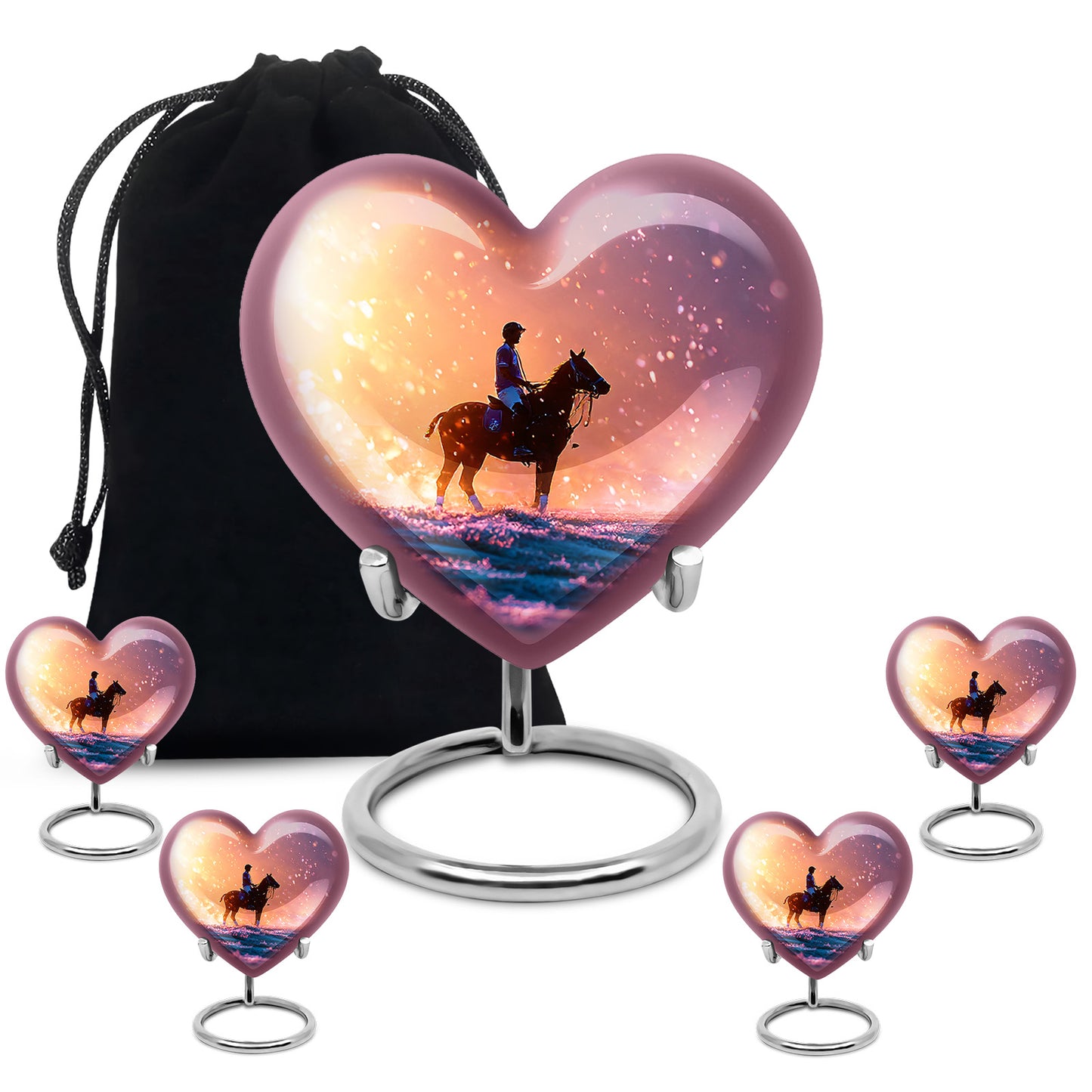 Deep Red Horse Polo Cremation Urn close-up of engraving and surface detail - loving heart memorial featuring horse polo pattern - memorial set with one large and four small urns