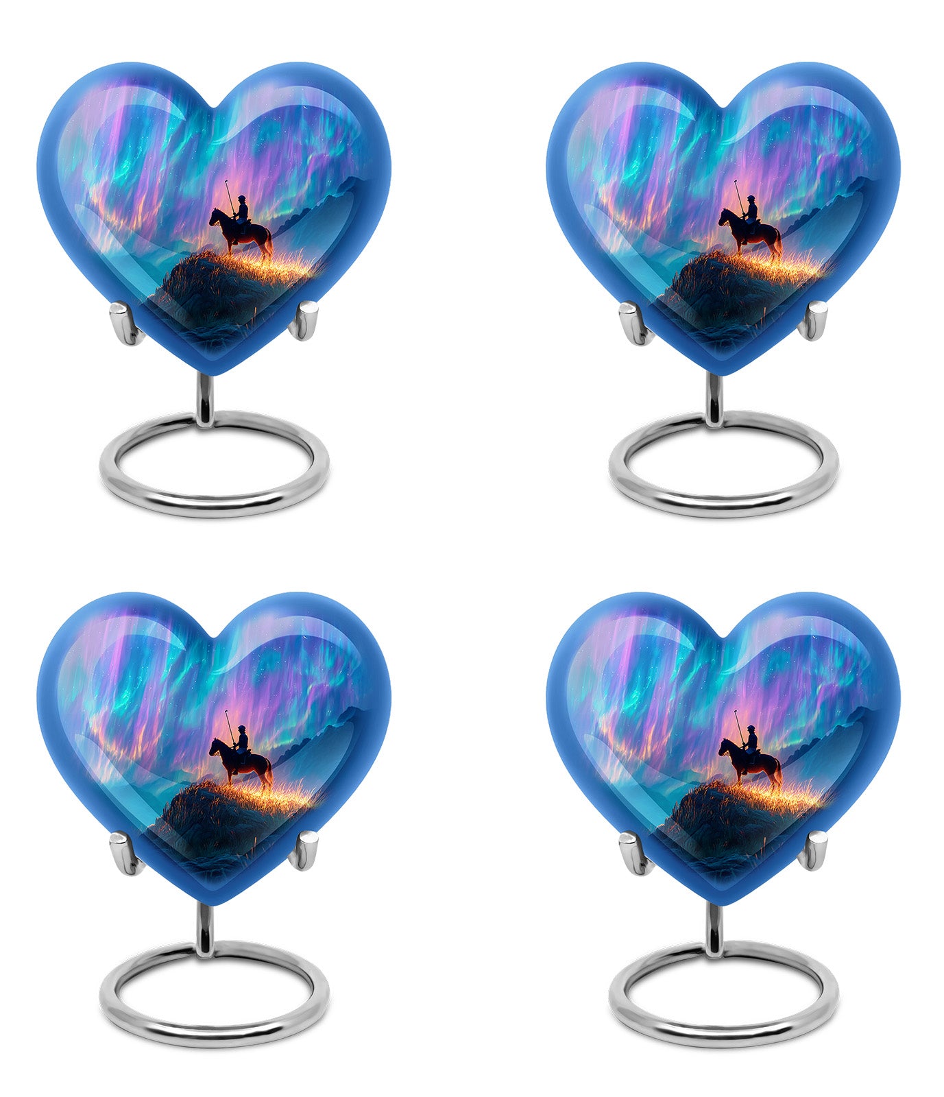 Soft Blue Horse Polo Cremation Urn angled view of lid and engraved motif - compassionate heart-horse polo combination with gentle curves - 10 inch aluminum urn for cremated remains