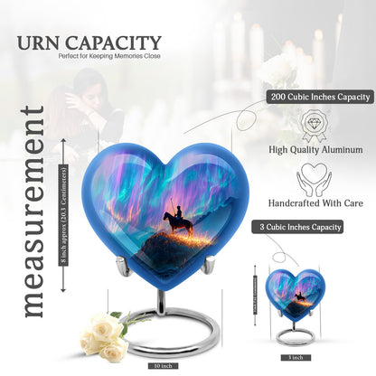 Powder Blue Horse Polo Cremation Urn front view showing detailed design - heart-shaped horse polo design symbolizing eternal love - mini keepsake memorial for portion of cremation ashes