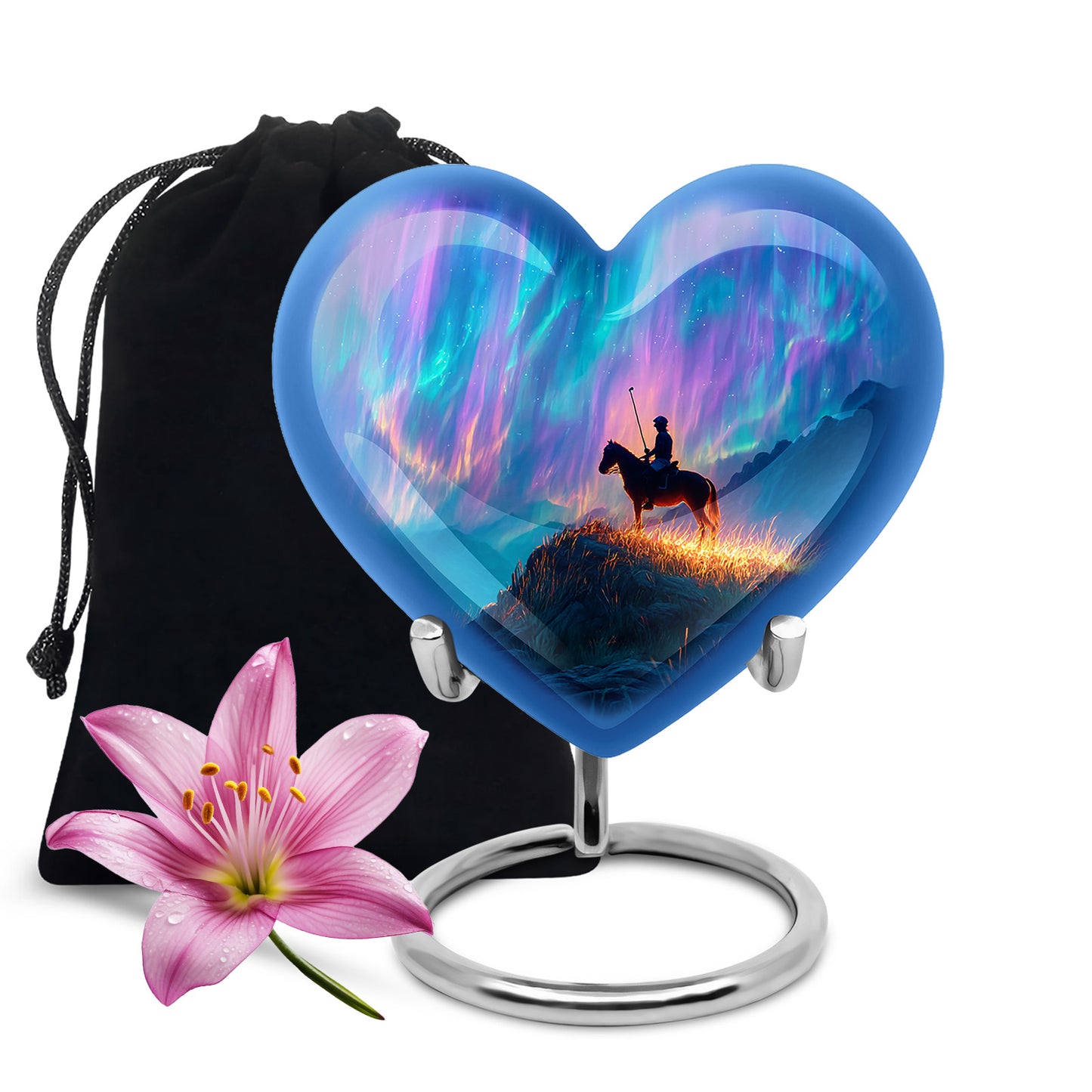 Icy Blue Horse Polo Cremation Urn detail view - heart-shaped horse polo design symbolizing eternal love - full-size 10 inch 200 cubic inch adult cremation urn