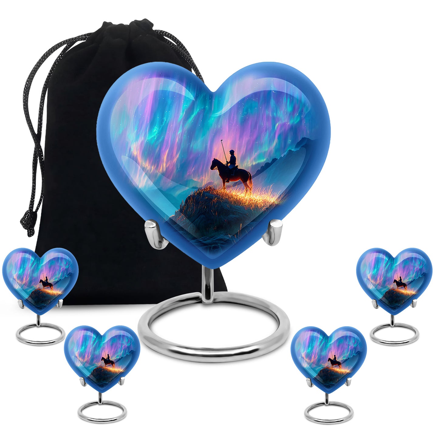 Slate Blue Horse Polo Cremation Urn close-up of engraving and surface detail - heart-shaped horse polo design symbolizing eternal love - memorial set with one large and four small urns