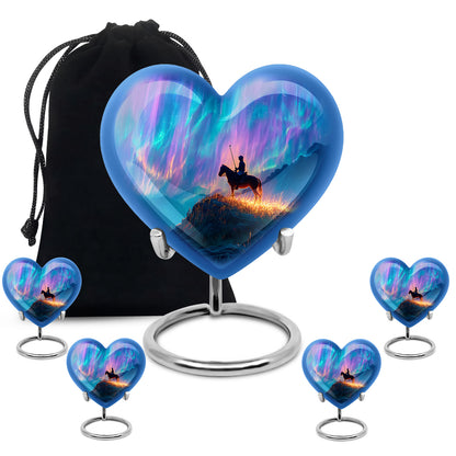 Slate Blue Horse Polo Cremation Urn close-up of engraving and surface detail - heart-shaped horse polo design symbolizing eternal love - memorial set with one large and four small urns