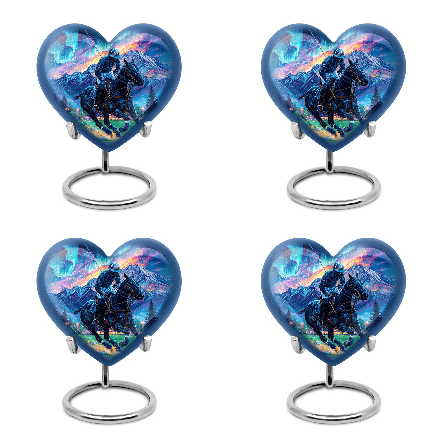Dusty Blue Horse Polo Cremation Urn angled view of lid and engraved motif - loving heart memorial featuring horse polo pattern - 10 inch aluminum urn for cremated remains
