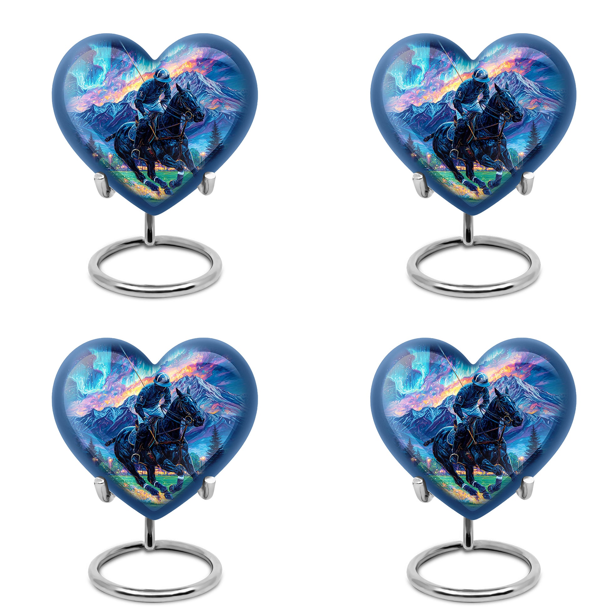 Dusty Blue Horse Polo Cremation Urn angled view of lid and engraved motif - loving heart memorial featuring horse polo pattern - 10 inch aluminum urn for cremated remains