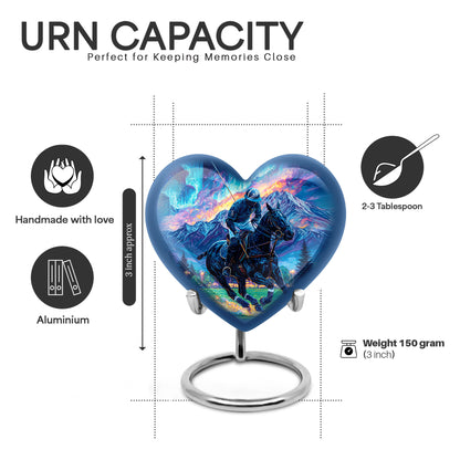 Cobalt Blue Horse Polo Cremation Urn front view showing detailed design - romantic heart urn with horse polo motif on aluminum - mini keepsake memorial for portion of cremation ashes