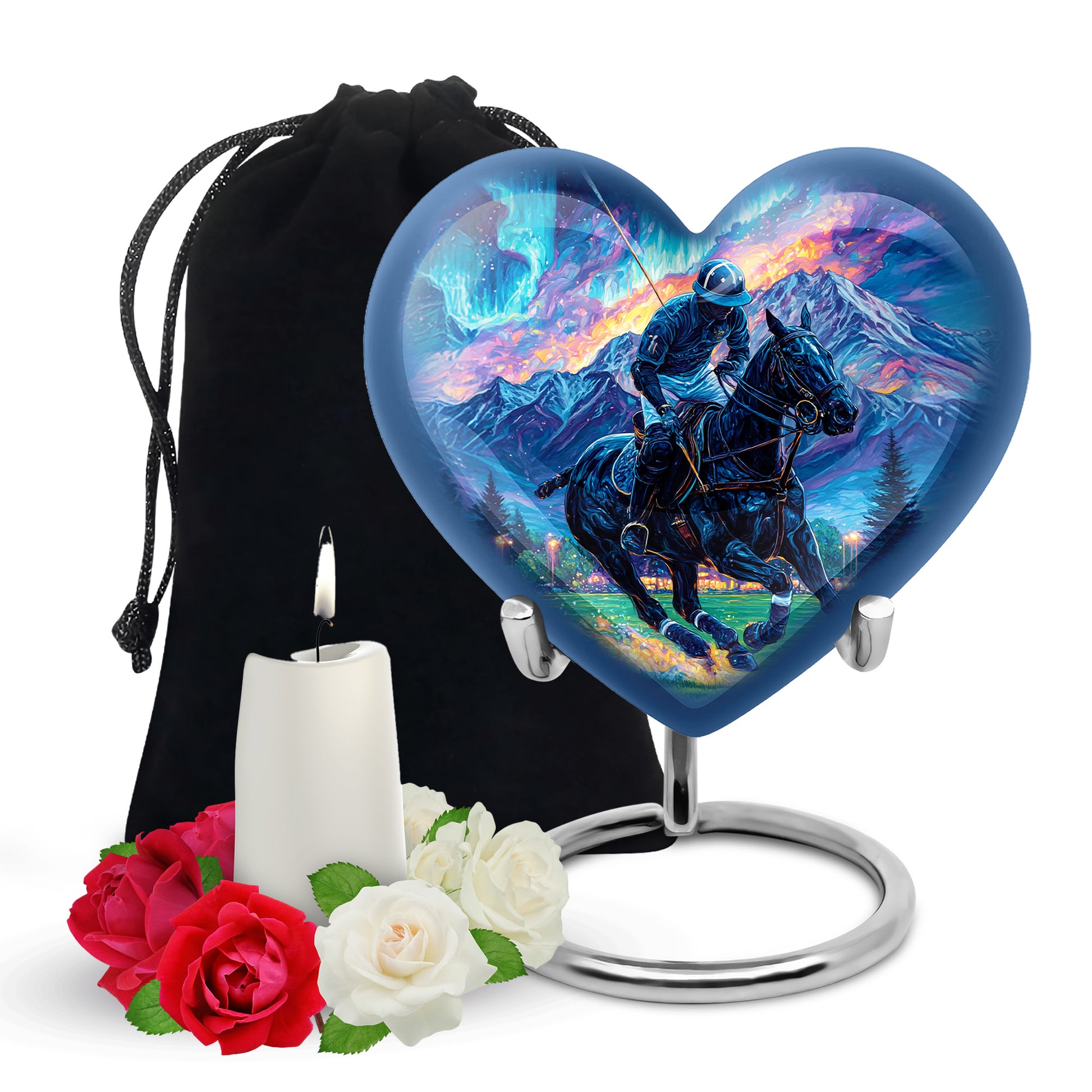 Azure Horse Polo Cremation Urn detail view - heart-shaped horse polo design symbolizing eternal love - full-size 10 inch 200 cubic inch adult cremation urn