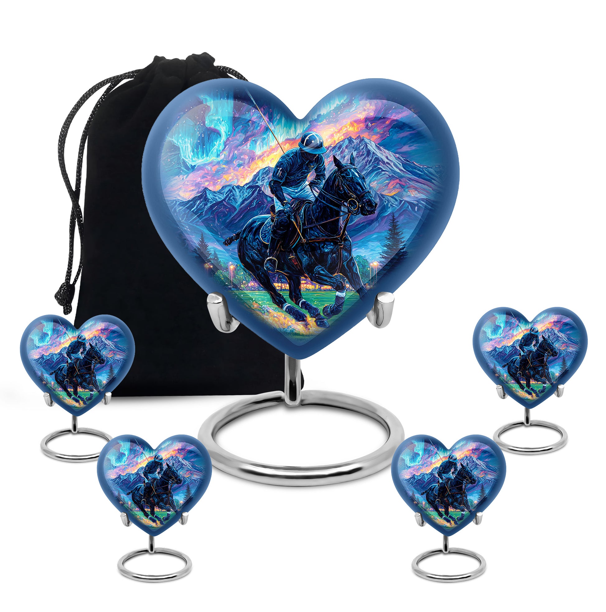 Celestial Blue Horse Polo Cremation Urn close-up of engraving and surface detail - heart-shaped horse polo design symbolizing eternal love - memorial set with one large and four small urns