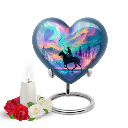 Distinguished Blue Horse Polo Cremation Urn for Ashes - 10-inch, 200 cu in - Yatskia