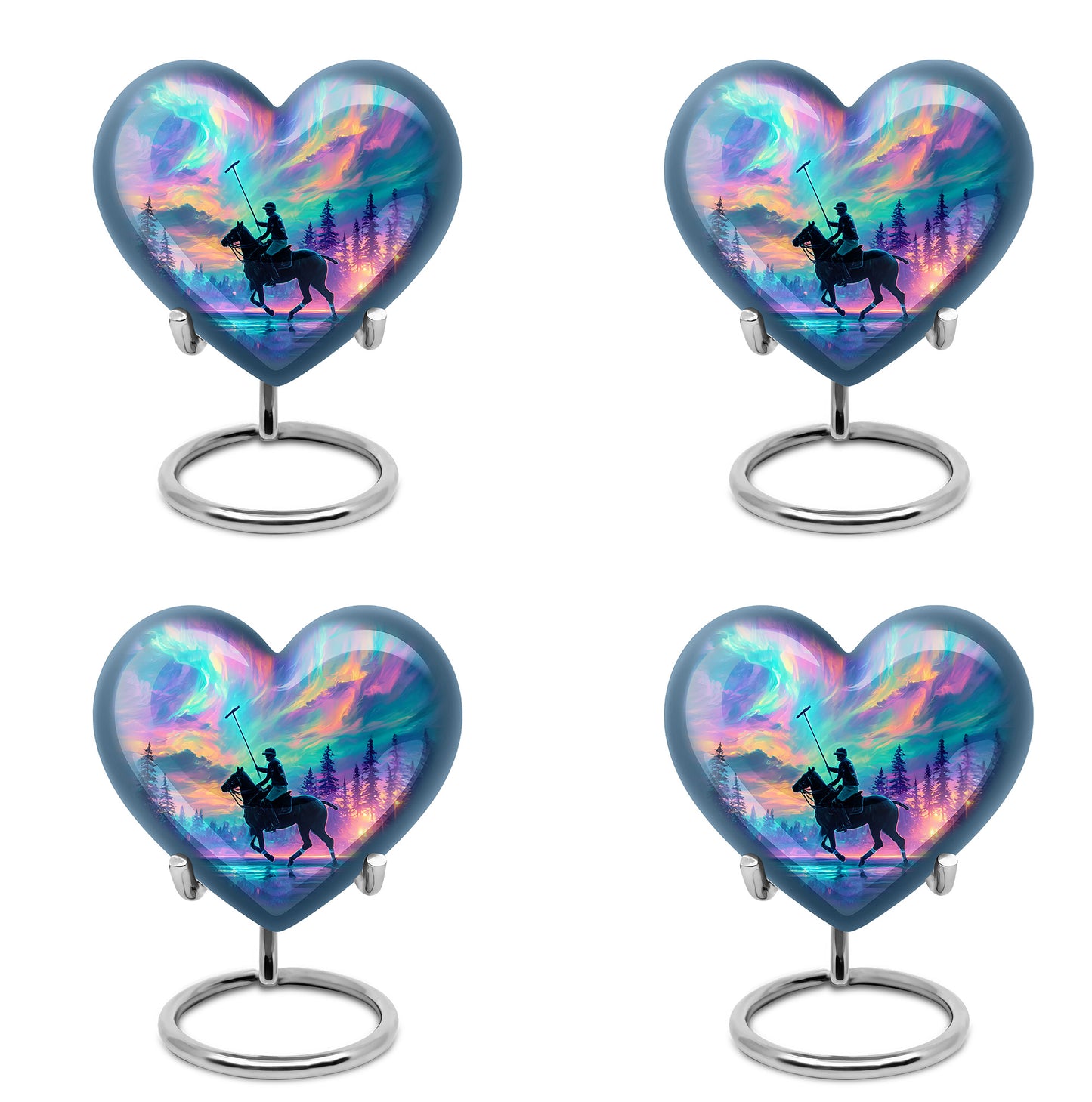 Calming Blue Horse Polo Cremation Urn angled view of lid and engraved motif - compassionate heart-horse polo combination with gentle curves - 10 inch aluminum urn for cremated remains