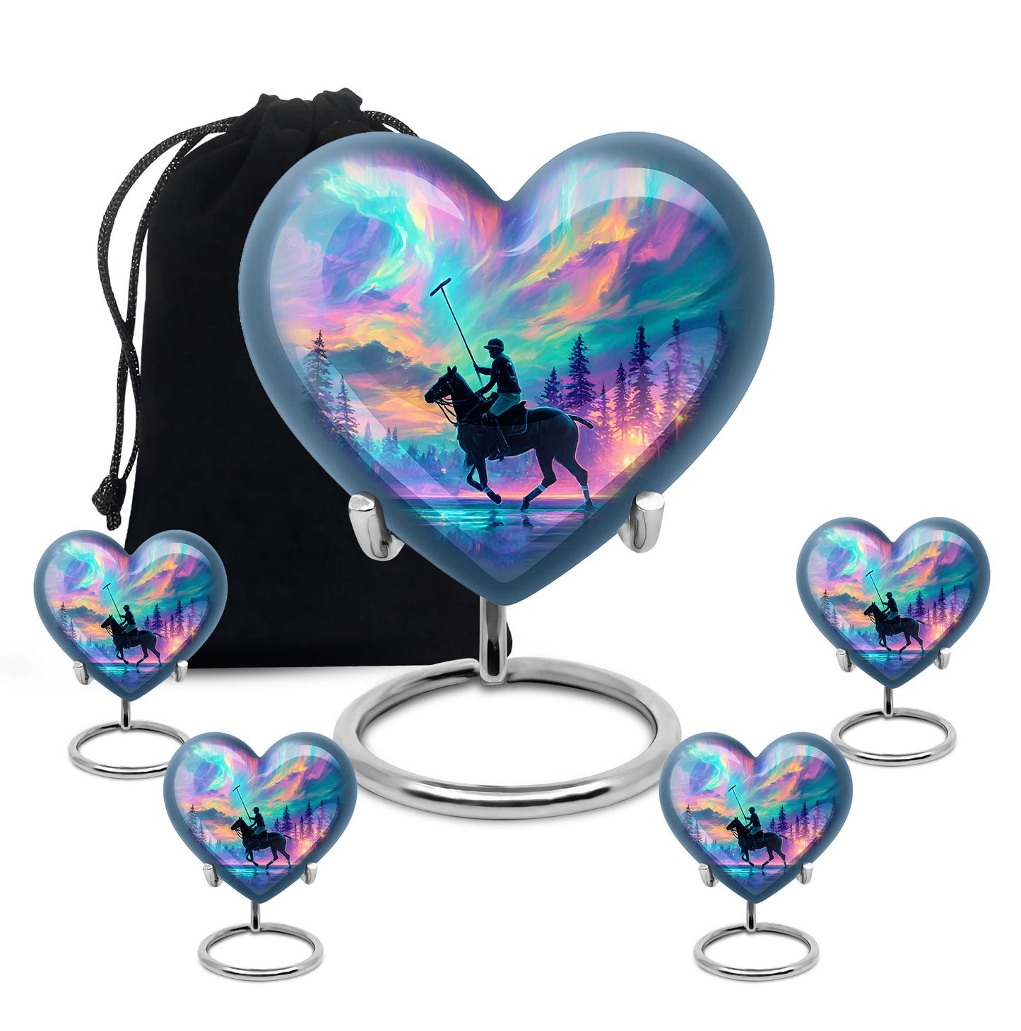 Sapphire Blue Horse Polo Cremation Urn close-up of engraving and surface detail - romantic heart urn with horse polo motif on aluminum - memorial set with one large and four small urns