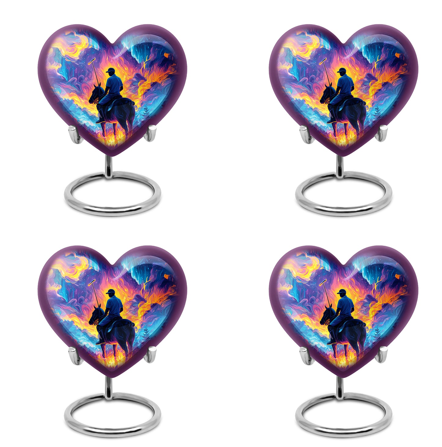 Vivid Blue Horse Polo Cremation Urn angled view of lid and engraved motif - romantic heart urn with horse polo motif on aluminum - 10 inch aluminum urn for cremated remains