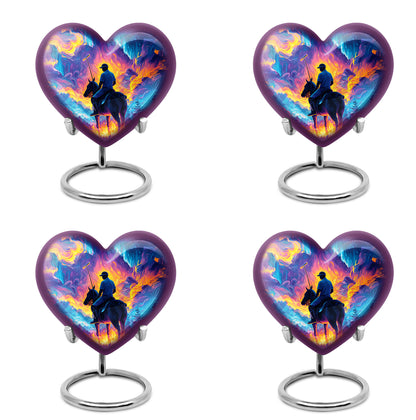 Vivid Blue Horse Polo Cremation Urn angled view of lid and engraved motif - romantic heart urn with horse polo motif on aluminum - 10 inch aluminum urn for cremated remains