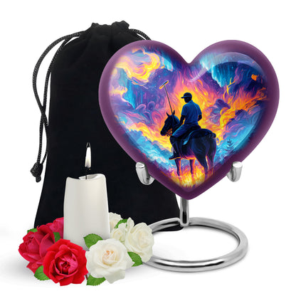 Powder Blue Horse Polo Cremation Urn detail view - heart-shaped horse polo design symbolizing eternal love - full-size 10 inch 200 cubic inch adult cremation urn