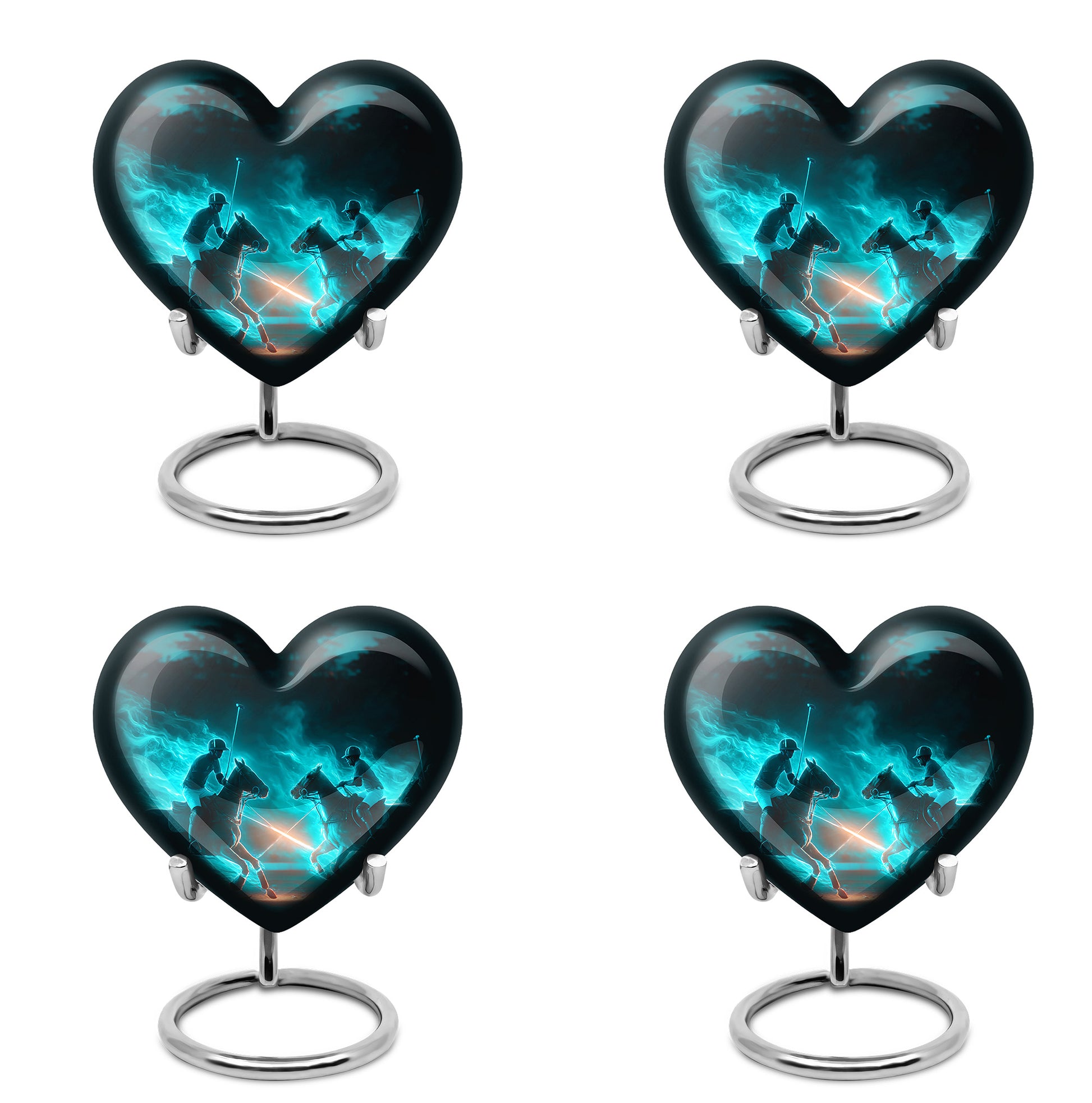 Aqua Teal Horse Polo Cremation Urn angled view of lid and engraved motif - romantic heart urn with horse polo motif on aluminum - 10 inch aluminum urn for cremated remains