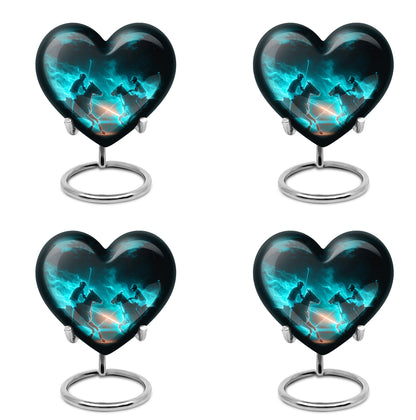Aqua Teal Horse Polo Cremation Urn angled view of lid and engraved motif - romantic heart urn with horse polo motif on aluminum - 10 inch aluminum urn for cremated remains