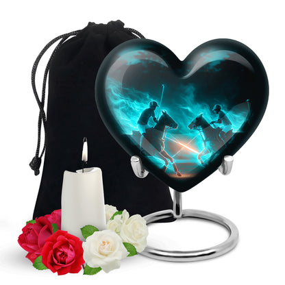 Mystic Teal Horse Polo Cremation Urn detail view - romantic heart urn with horse polo motif on aluminum - full-size 10 inch 200 cubic inch adult cremation urn