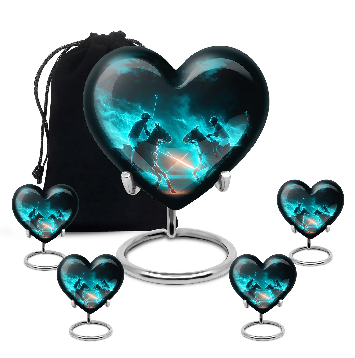 Deep Teal Horse Polo Cremation Urn close-up of engraving and surface detail - compassionate heart-horse polo combination with gentle curves - memorial set with one large and four small urns