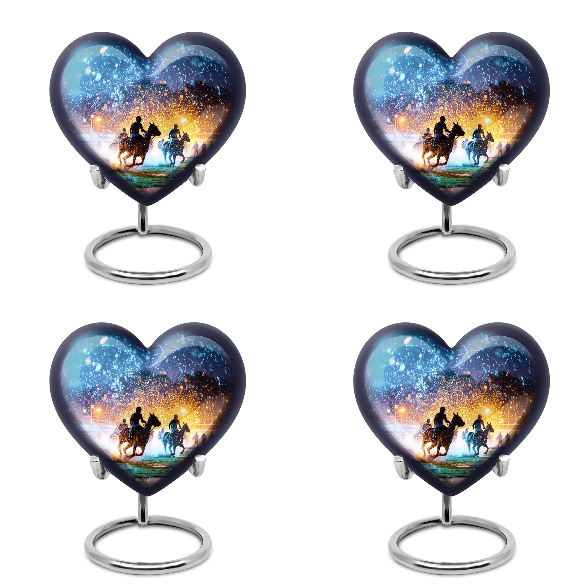 Celestial Blue Horse Polo Cremation Urn angled view of lid and engraved motif - loving heart memorial featuring horse polo pattern - 10 inch aluminum urn for cremated remains