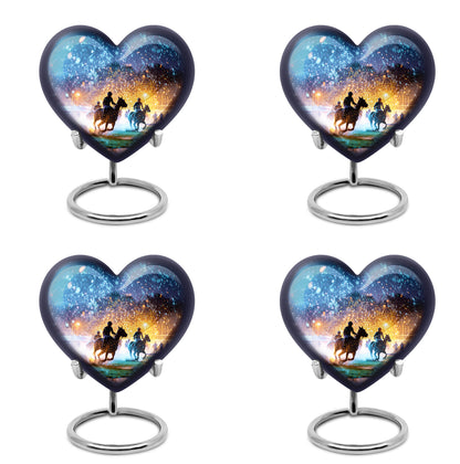 Celestial Blue Horse Polo Cremation Urn angled view of lid and engraved motif - loving heart memorial featuring horse polo pattern - 10 inch aluminum urn for cremated remains