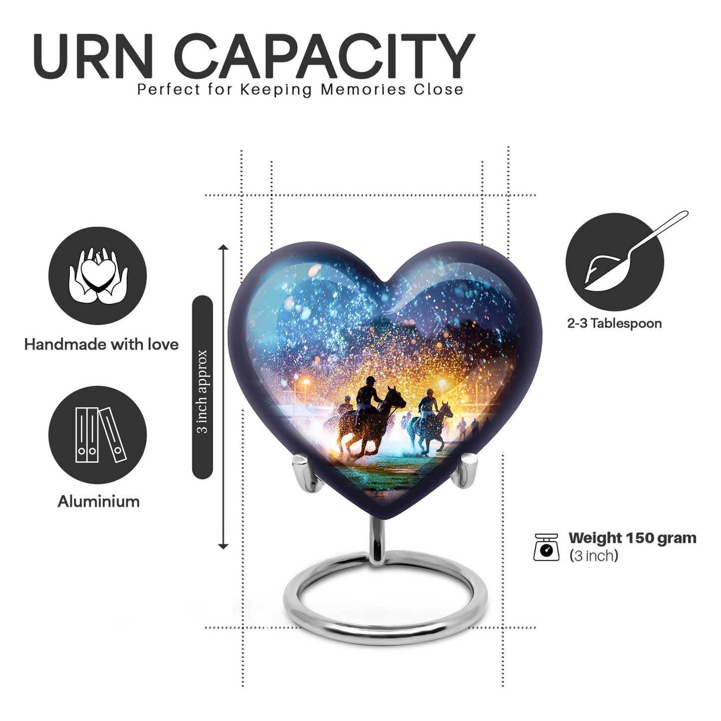 Steel Blue Horse Polo Cremation Urn front view showing detailed design - compassionate heart-horse polo combination with gentle curves - mini keepsake memorial for portion of cremation ashes