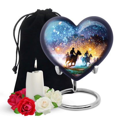 Serene Blue Horse Polo Cremation Urn detail view - compassionate heart-horse polo combination with gentle curves - full-size 10 inch 200 cubic inch adult cremation urn