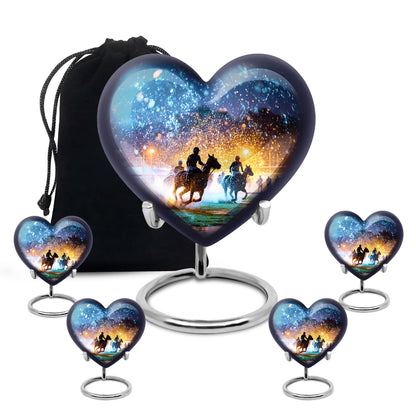 Powder Blue Horse Polo Cremation Urn close-up of engraving and surface detail - heart-shaped horse polo design symbolizing eternal love - memorial set with one large and four small urns