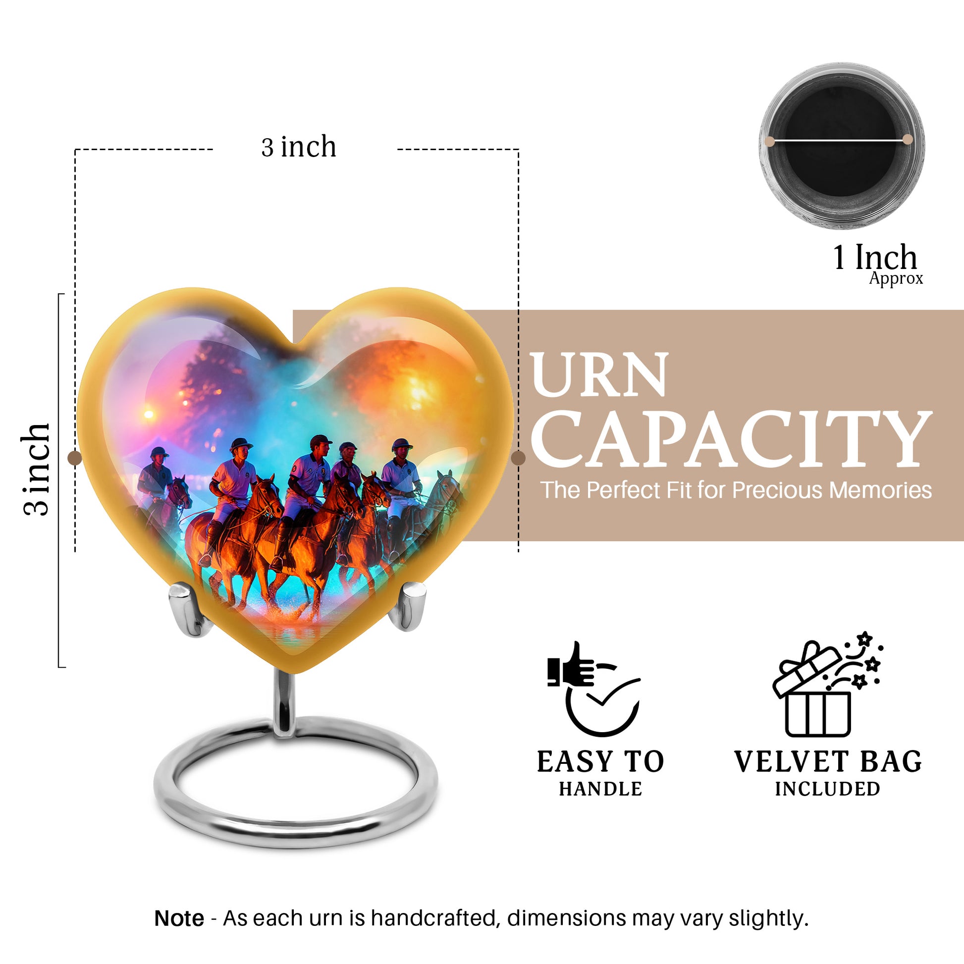 Royal Purple Horse Polo Cremation Urn front view showing detailed design - compassionate heart-horse polo combination with gentle curves - mini keepsake memorial for portion of cremation ashes