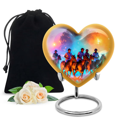 Amethyst Purple Horse Polo Cremation Urn detail view - loving heart memorial featuring horse polo pattern - full-size 10 inch 200 cubic inch adult cremation urn