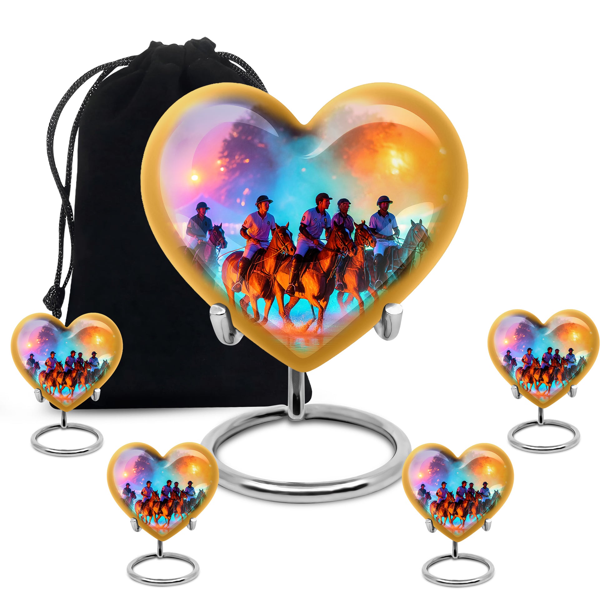Deep Purple Horse Polo Cremation Urn close-up of engraving and surface detail - loving heart memorial featuring horse polo pattern - memorial set with one large and four small urns