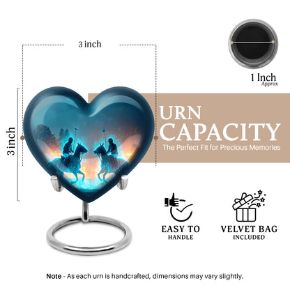 Pastel Blue Horse Polo Cremation Urn front view showing detailed design - loving heart memorial featuring horse polo pattern - mini keepsake memorial for portion of cremation ashes
