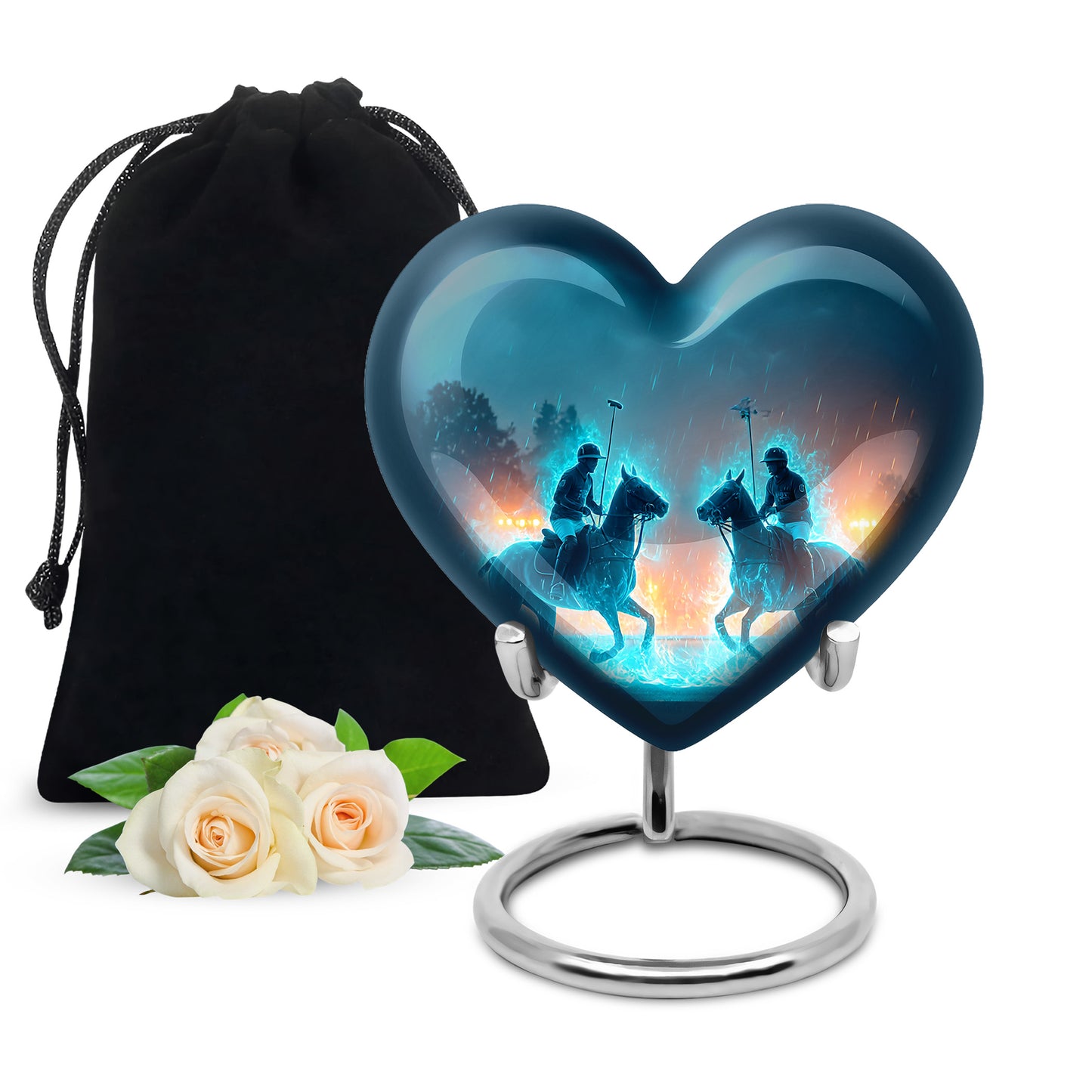 Navy Blue Horse Polo Cremation Urn detail view - heart-shaped horse polo design symbolizing eternal love - full-size 10 inch 200 cubic inch adult cremation urn