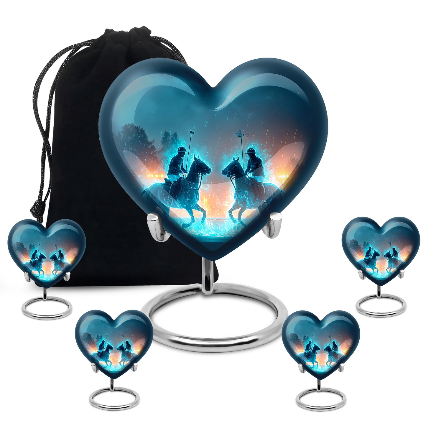 Dusty Blue Horse Polo Cremation Urn close-up of engraving and surface detail - heart-shaped horse polo design symbolizing eternal love - memorial set with one large and four small urns