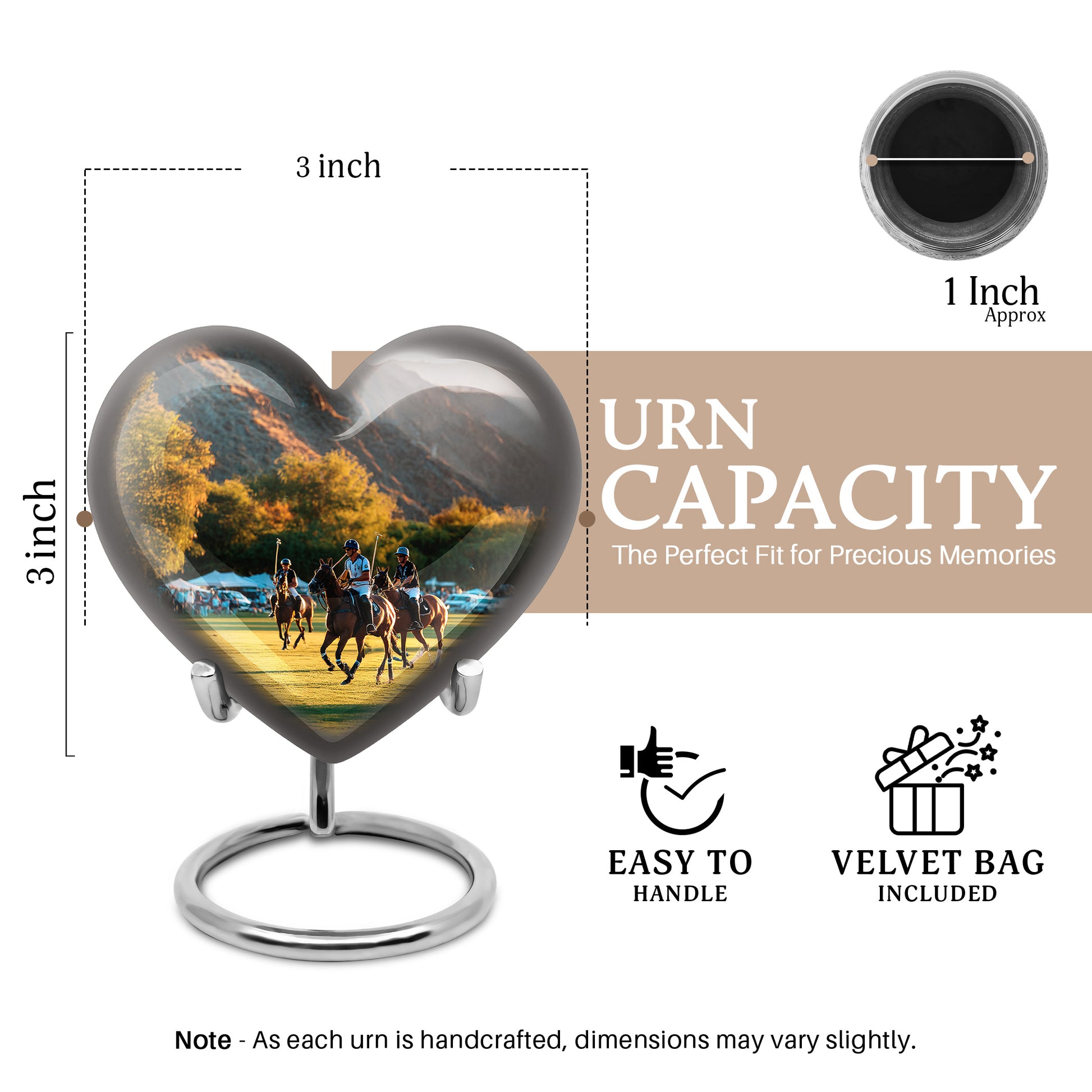 Satin Silver Horse Polo Cremation Urn front view showing detailed design - heart-shaped horse polo design symbolizing eternal love - mini keepsake memorial for portion of cremation ashes