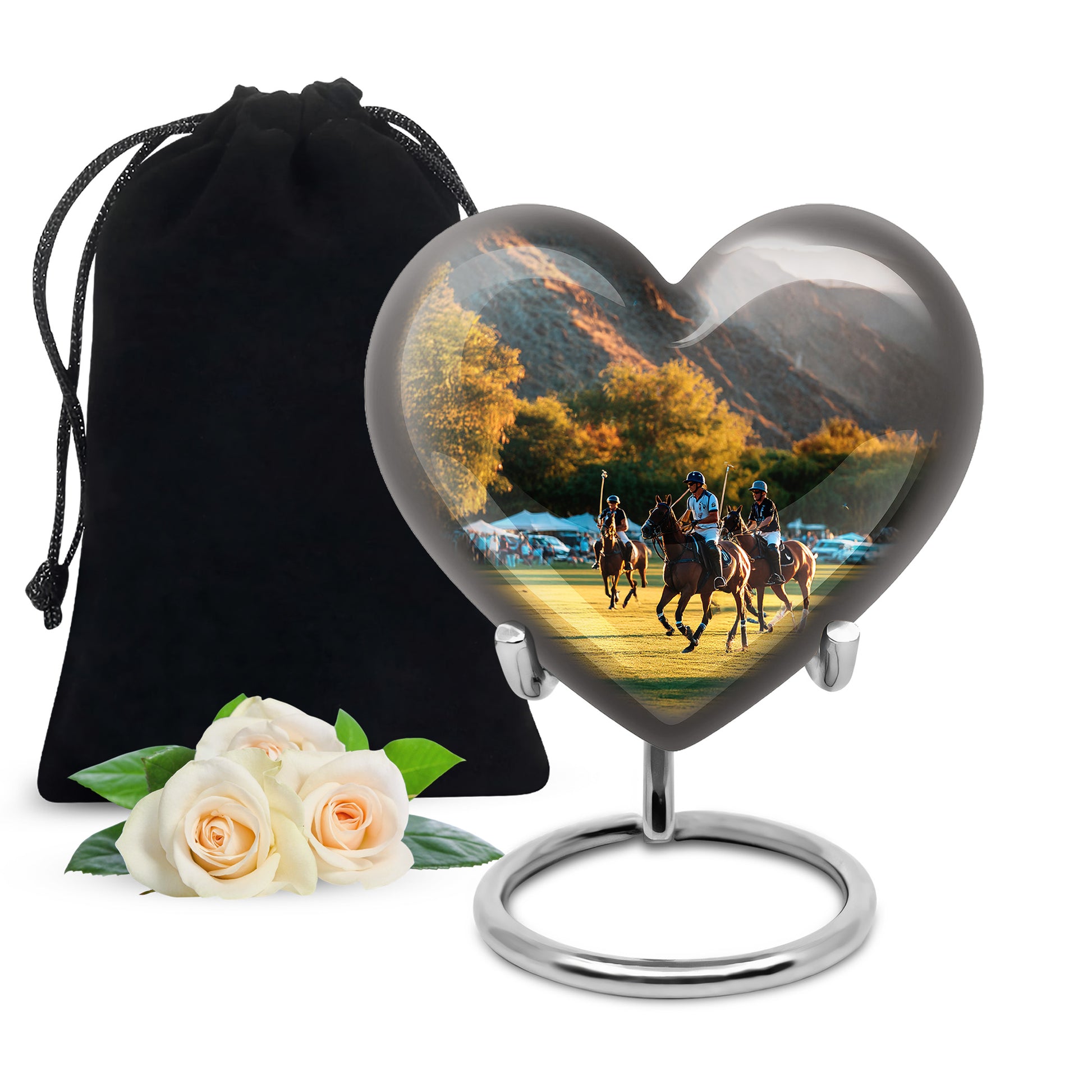 Chrome Silver Horse Polo Cremation Urn detail view - romantic heart urn with horse polo motif on aluminum - full-size 10 inch 200 cubic inch adult cremation urn