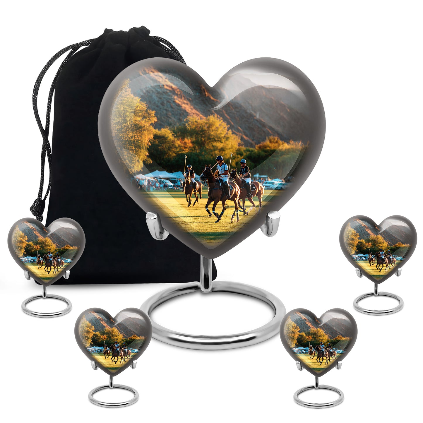 Moonlight Silver Horse Polo Cremation Urn close-up of engraving and surface detail - compassionate heart-horse polo combination with gentle curves - memorial set with one large and four small urns