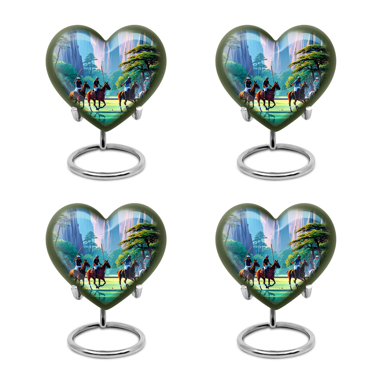 Icy Blue Horse Polo Cremation Urn angled view of lid and engraved motif - heart-shaped horse polo design symbolizing eternal love - 10 inch aluminum urn for cremated remains