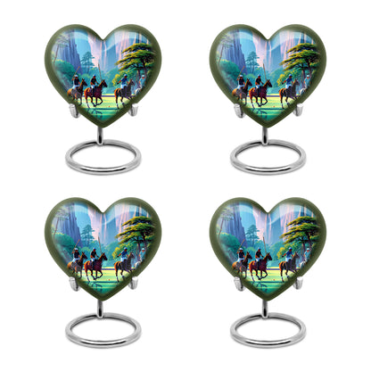 Icy Blue Horse Polo Cremation Urn angled view of lid and engraved motif - heart-shaped horse polo design symbolizing eternal love - 10 inch aluminum urn for cremated remains
