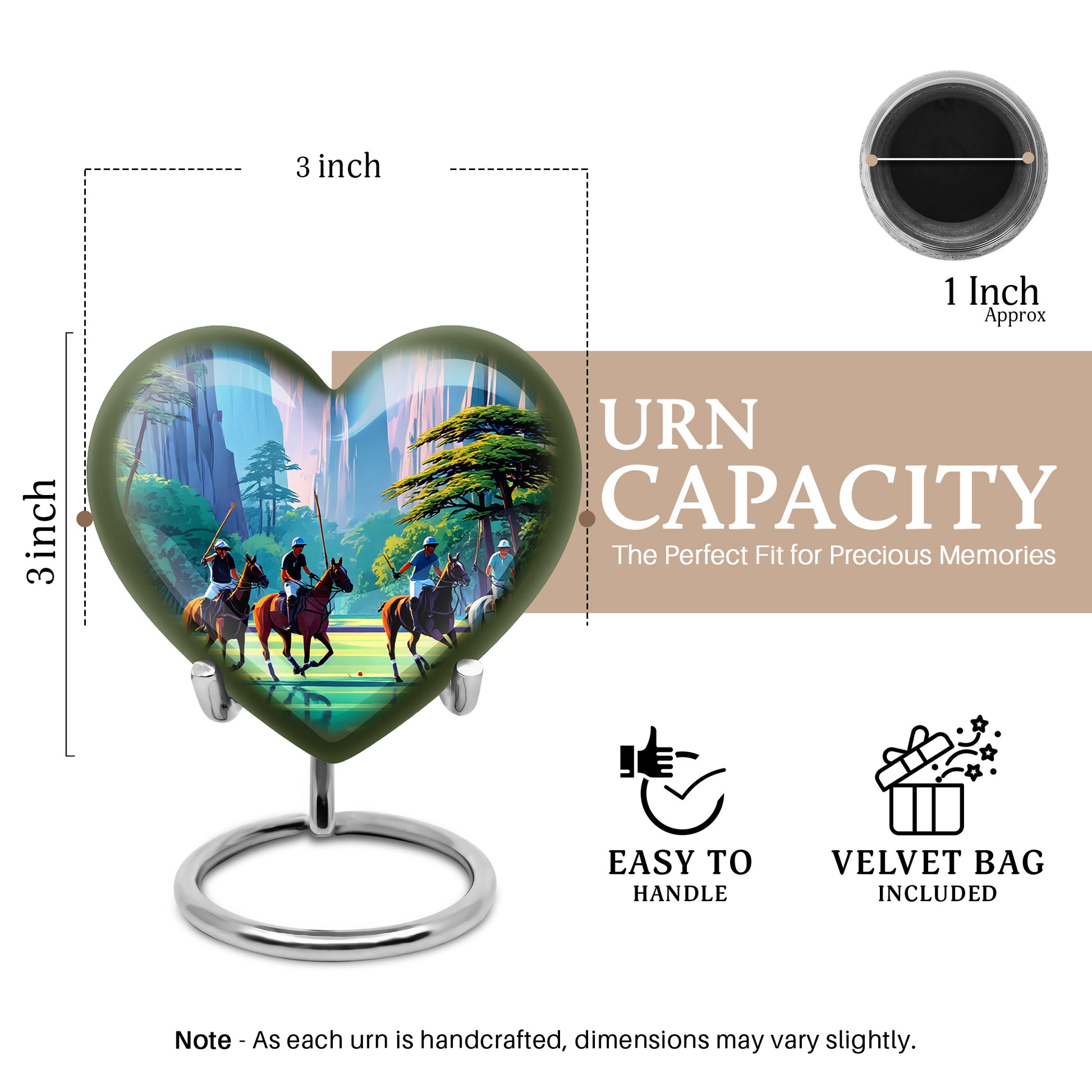Calming Blue Horse Polo Cremation Urn front view showing detailed design - romantic heart urn with horse polo motif on aluminum - mini keepsake memorial for portion of cremation ashes