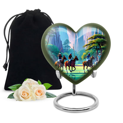 Calming Blue Horse Polo Cremation Urn detail view - compassionate heart-horse polo combination with gentle curves - full-size 10 inch 200 cubic inch adult cremation urn